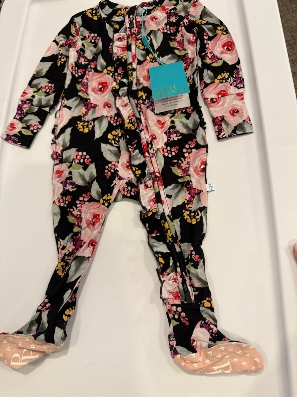 Posh Peanut Black Floral Footie with Pink Roses (3-6 mo)
